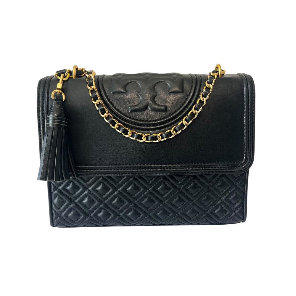 Tory Burch Fleming Black Leather Quilted Convertible Shoulder Crossbody Flap Bag